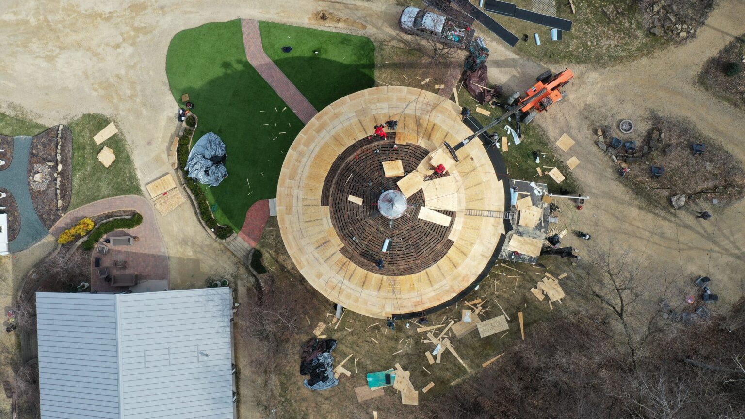 Aerial establishing view of the round barn property in Wacouta MN before restoration