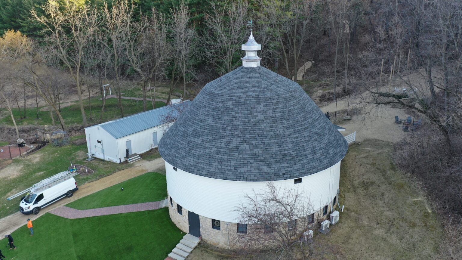Aerial drone view of the completed round barn roof restoration